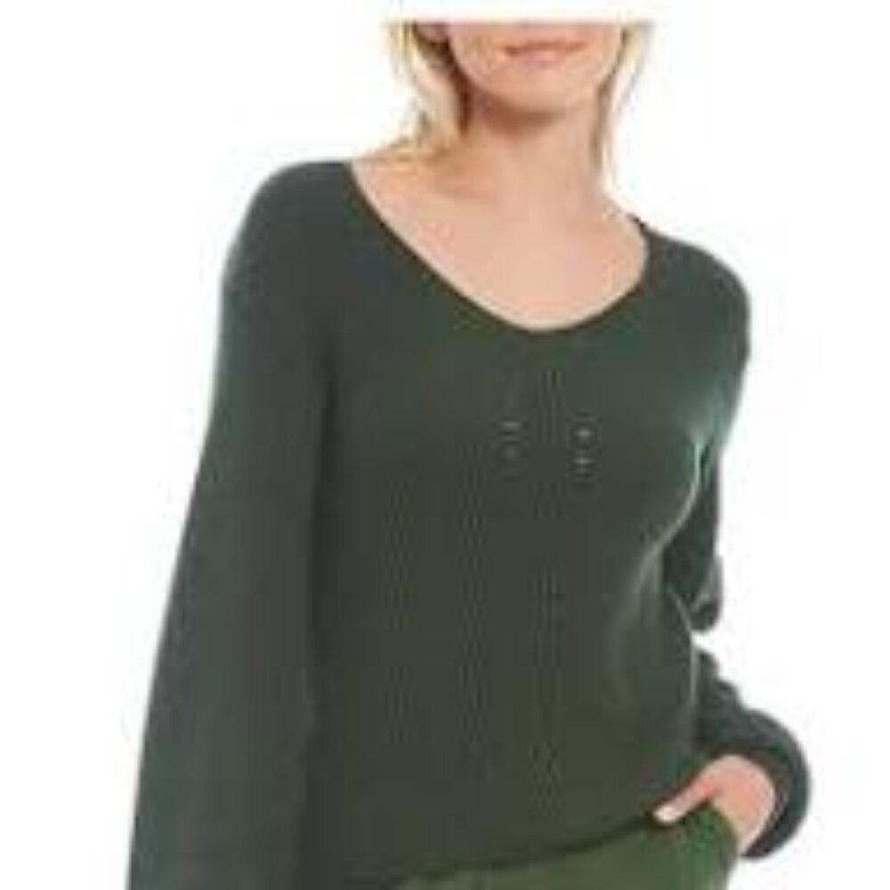 Splendid Long Balloon Sleeve V-Neck Pullover Statement Sweater in Cypress.